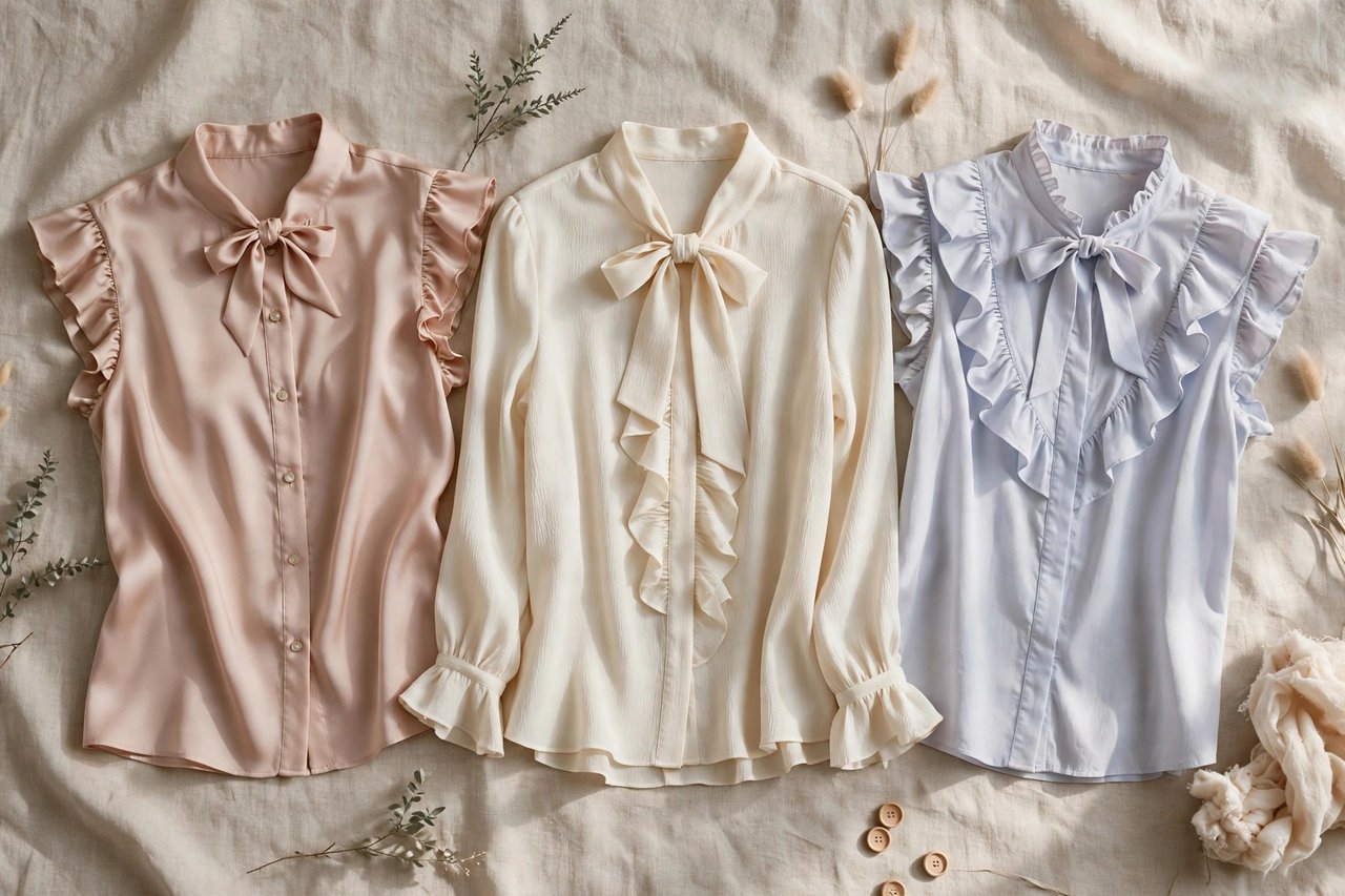 Elegant women's blouses in silk, cream crepe and soft pastel cotton arranged as a styled flat lay