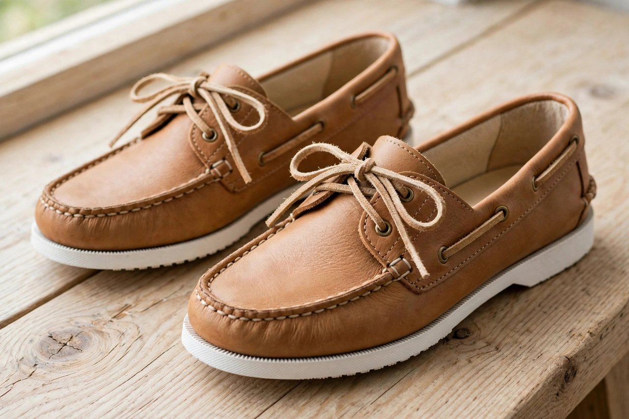 A pair of women's tan leather boat shoes with rawhide laces and white siped soles on a wooden surface