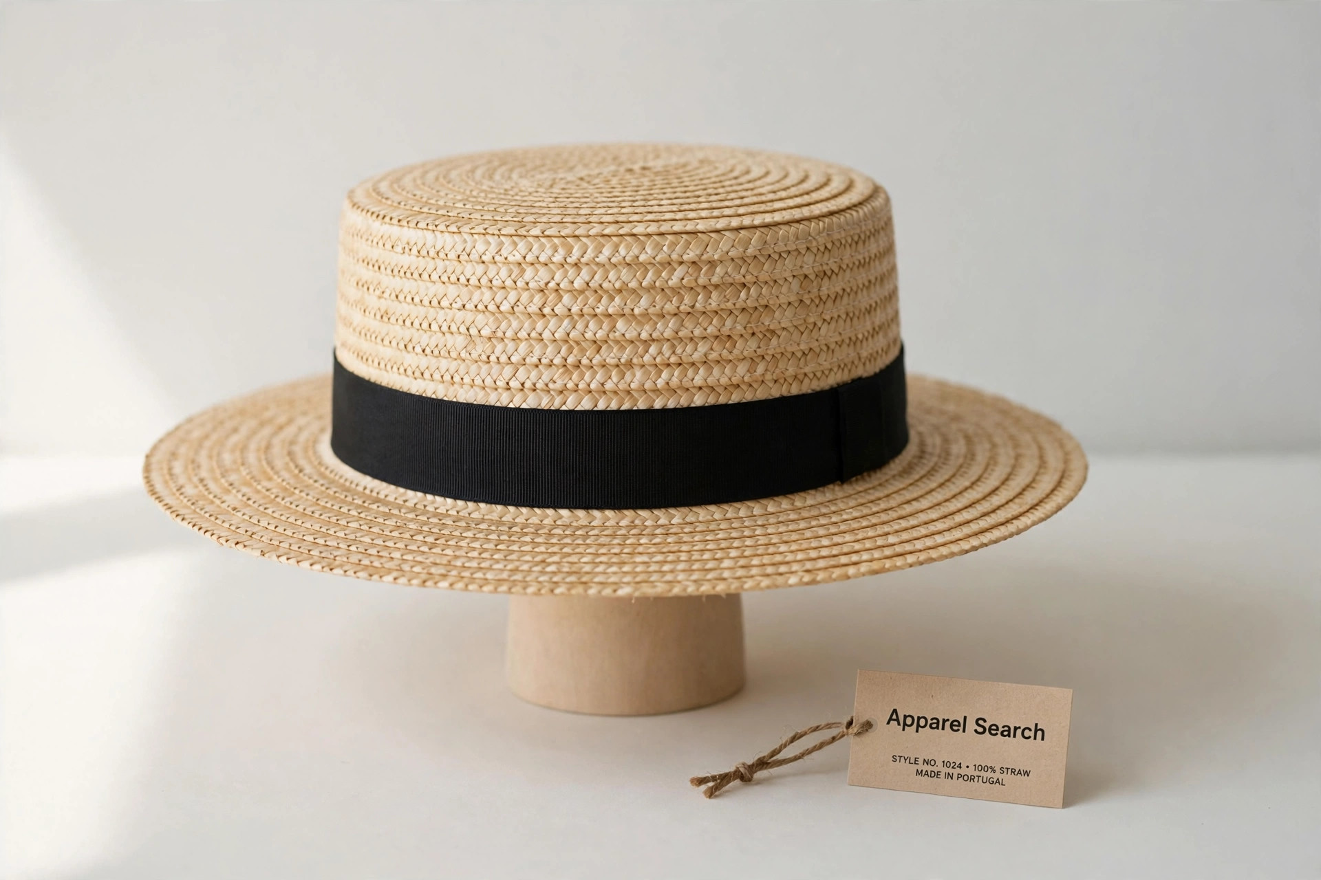 Women's boater hat in natural stiff straw with a black ribbon band on a plain display stand against a clean light background, product photography with no people