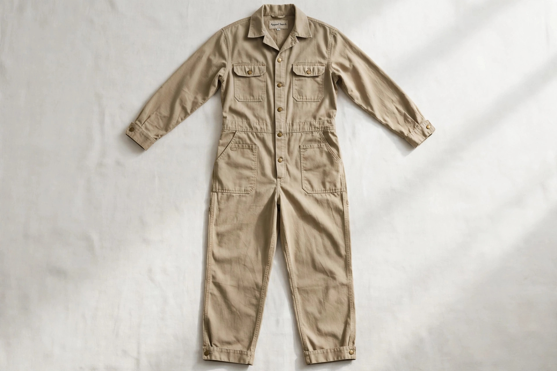 Women's boiler suit in khaki cotton twill laid flat, long-sleeved one-piece with button front, chest pockets and a woven Apparel Search label at the collar, product photography with no people