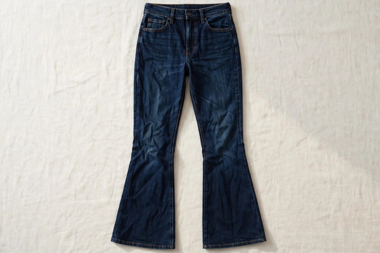 Women's bootcut jeans in dark indigo denim laid flat, showing the close thigh and the gentle widening from the knee to the hem, product photography with no people