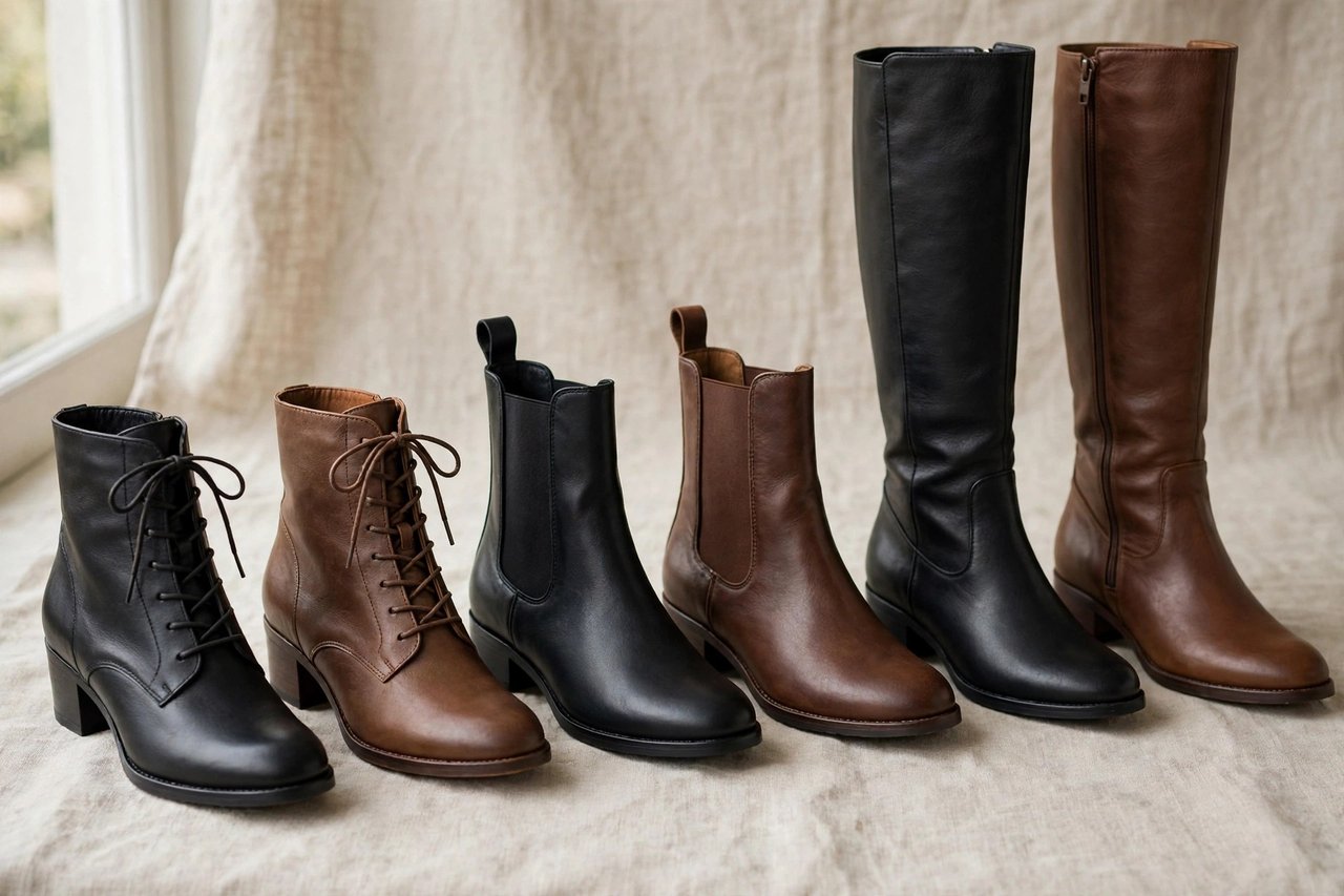 A lineup of women's boots including ankle boots, Chelsea boots and knee-high leather boots in black and brown