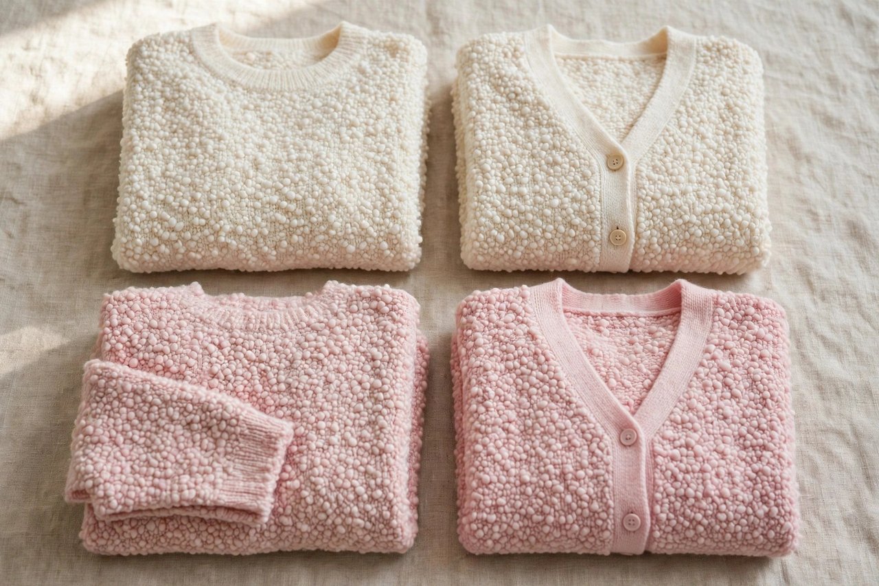 Women's bouclé sweaters and cardigans in cream and soft pink showing looped nubby yarn texture, folded neatly