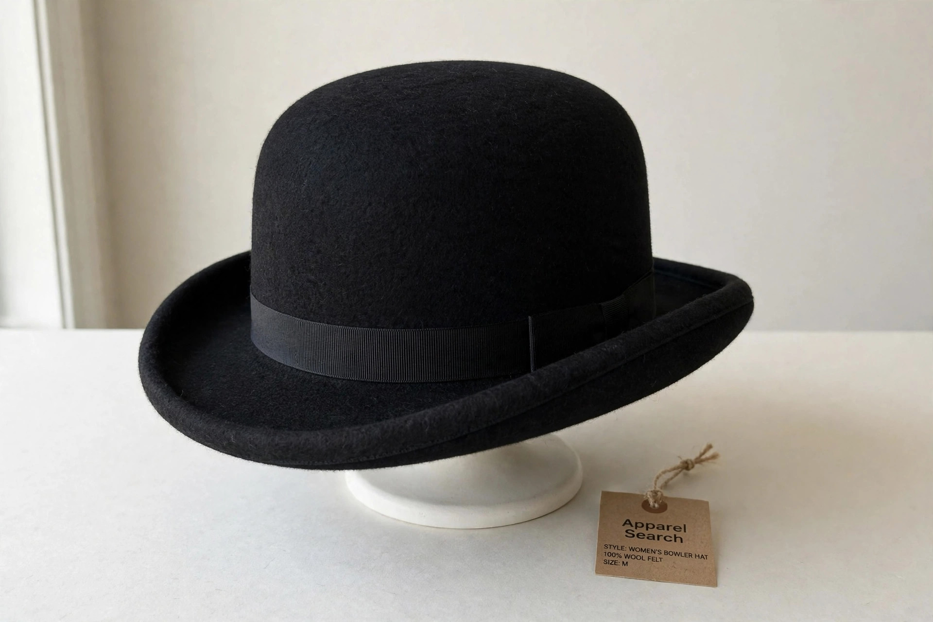 Women's bowler hat in black wool felt with a rounded crown and curled brim on a plain display stand against a clean light background, product photography with no people