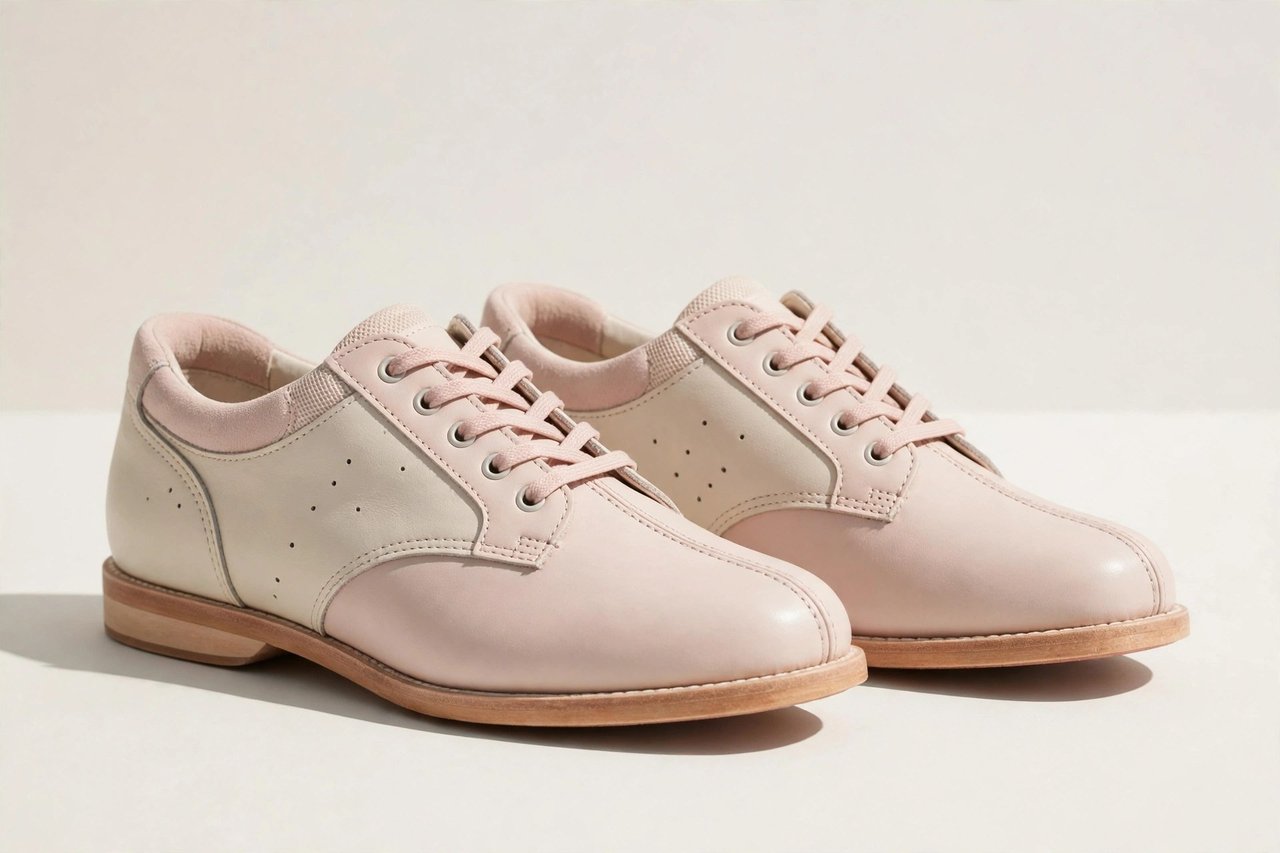 A pair of women's bowling shoes with smooth leather slide soles and contrasting heels