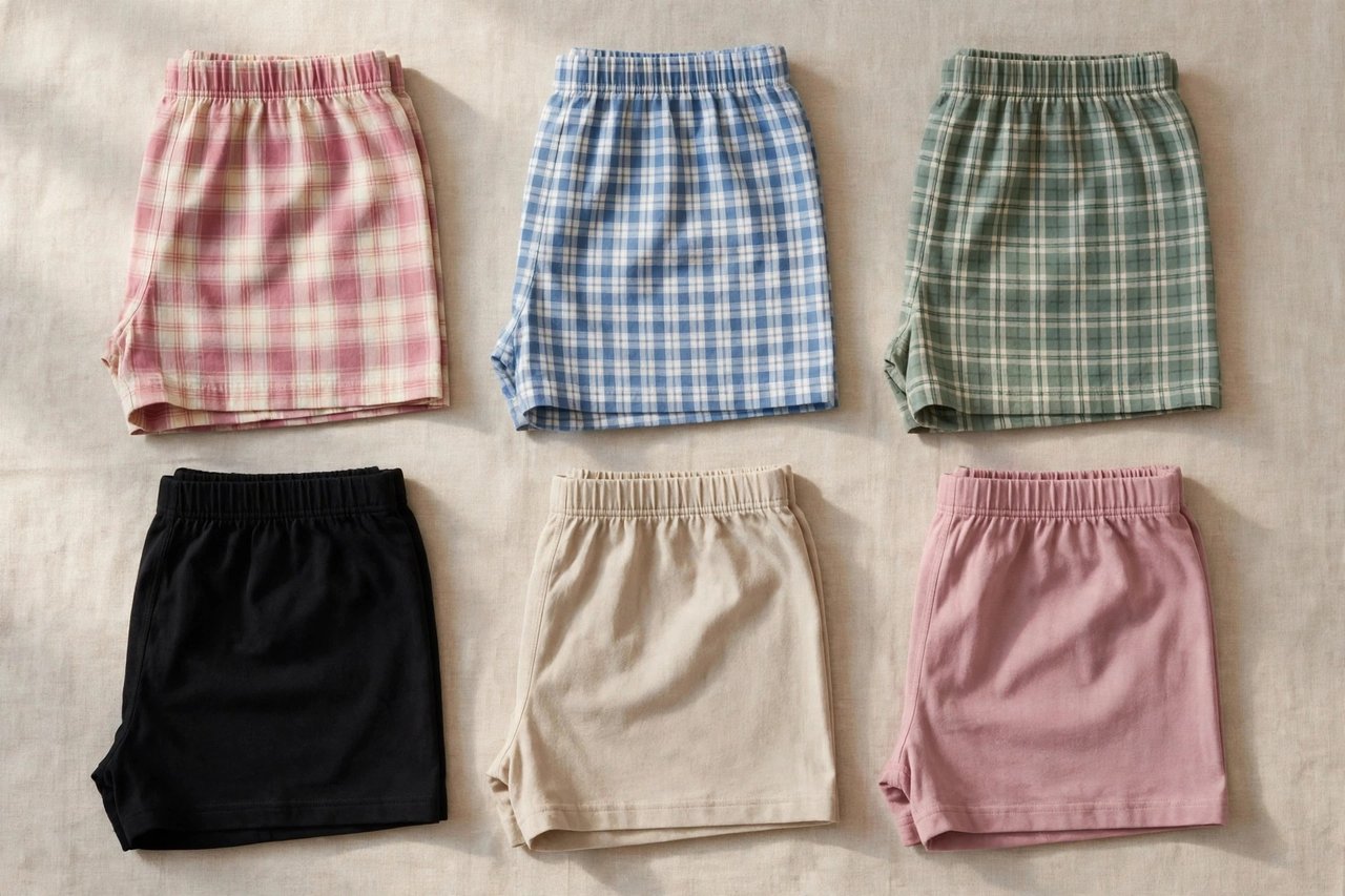 Neatly folded women's boxer shorts in soft cotton plaid and solid colors arranged on a plain background