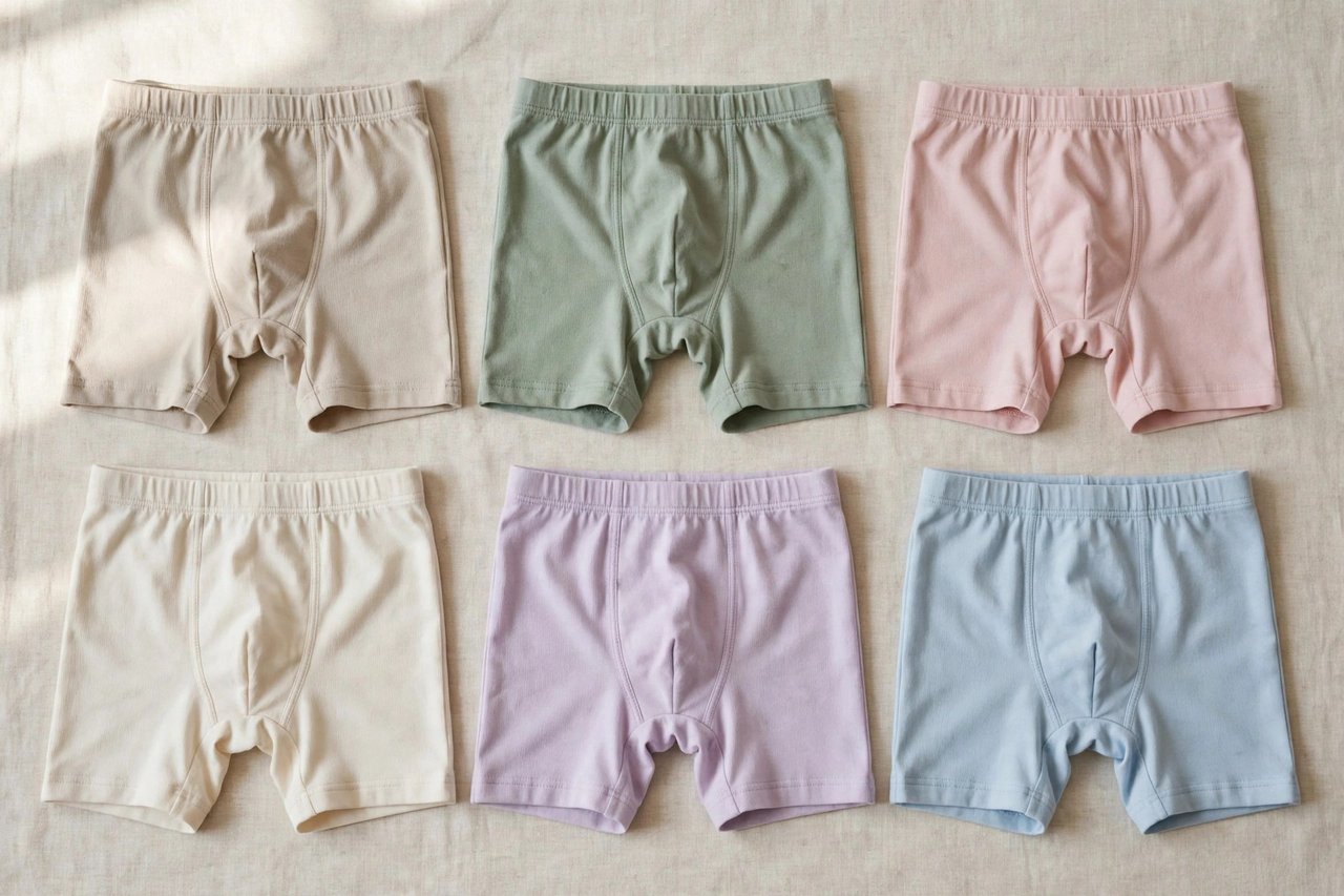 Folded women's boy leg underwear in neutral and pastel shades showing short legs and wide waistbands