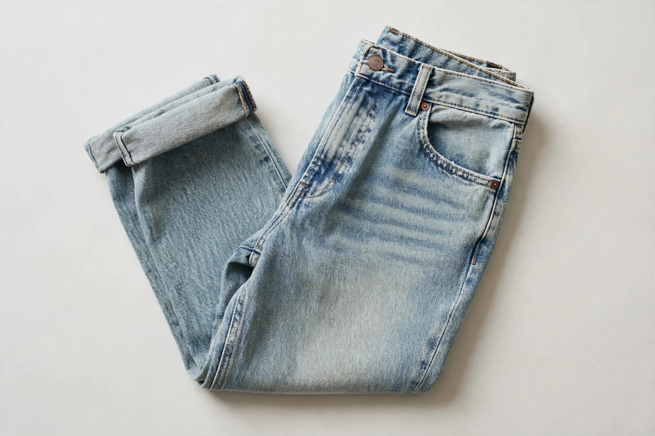 Women's boyfriend jeans in a faded vintage wash folded with a rolled cuff, showing the loose low-slung cut, product photography with no people