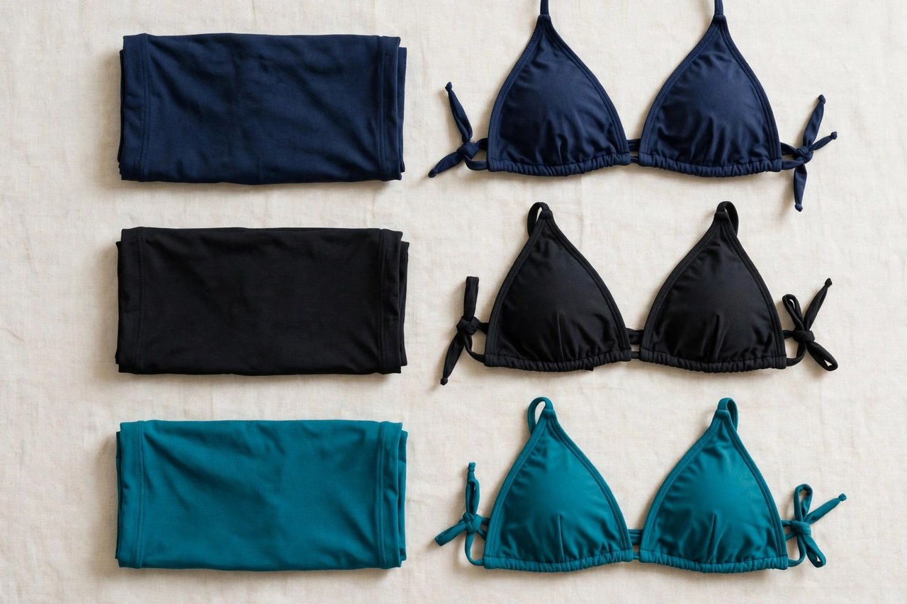 Women's swim boyshort bottoms in quick-dry fabric in navy, black, and teal beside bikini tops, flat lay