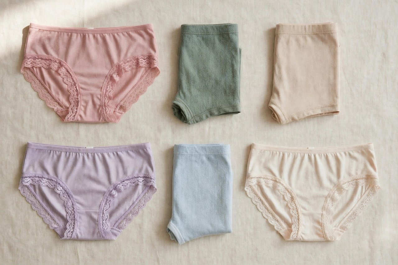 Stack of women's boyshort underwear in cotton and lace-trim styles in soft solid colors
