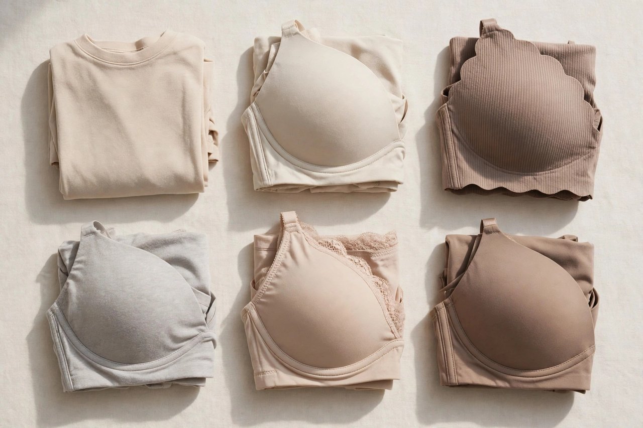 Neatly folded bras in neutral colors arranged as a retail flat lay