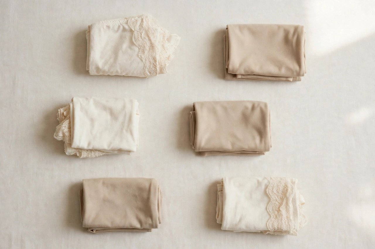 Neatly folded classic brassieres in ivory and beige tones as a retail flat lay