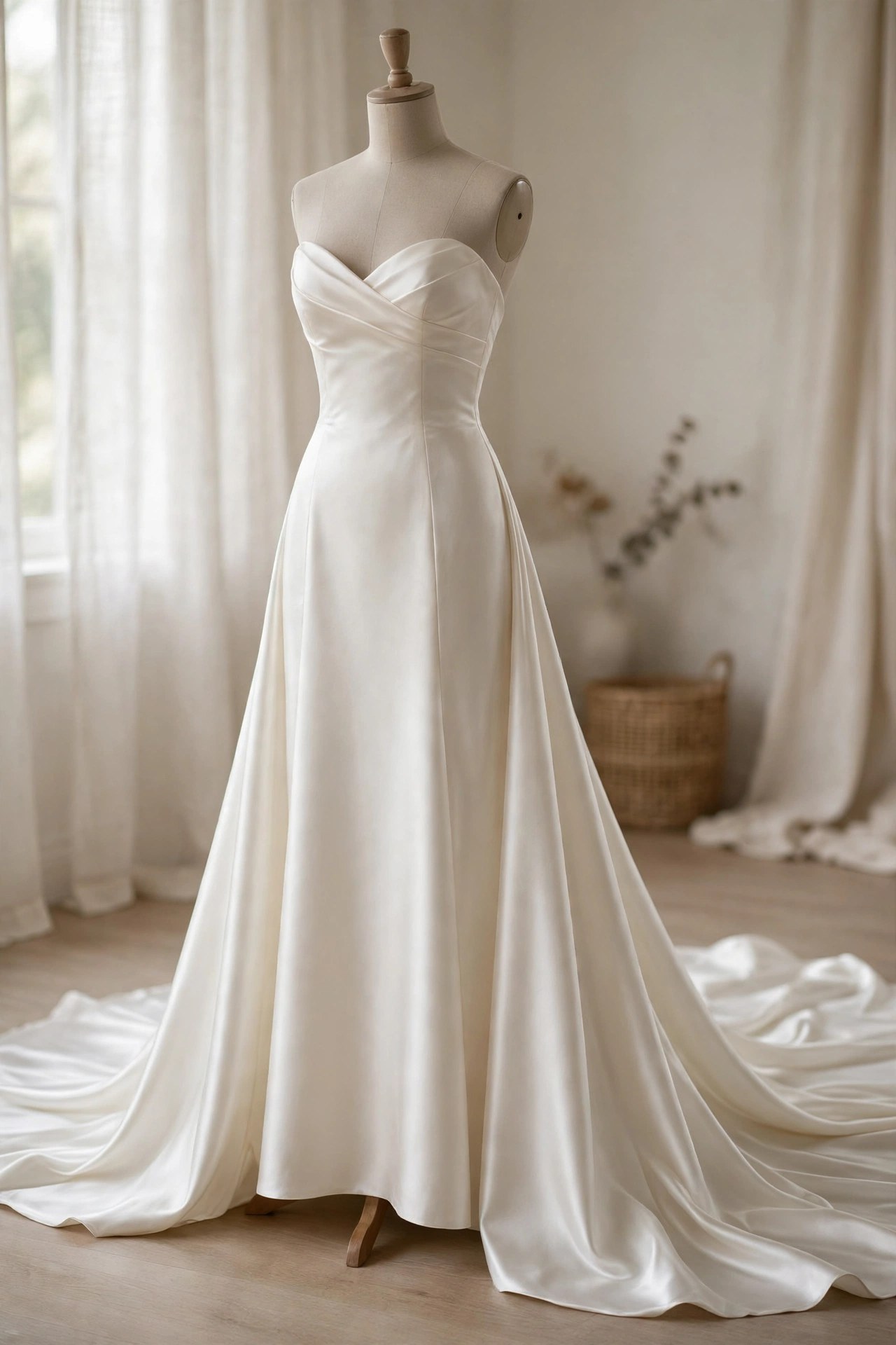 Full-length bridal gown with a long sweeping train and elegant satin finish on a dress form
