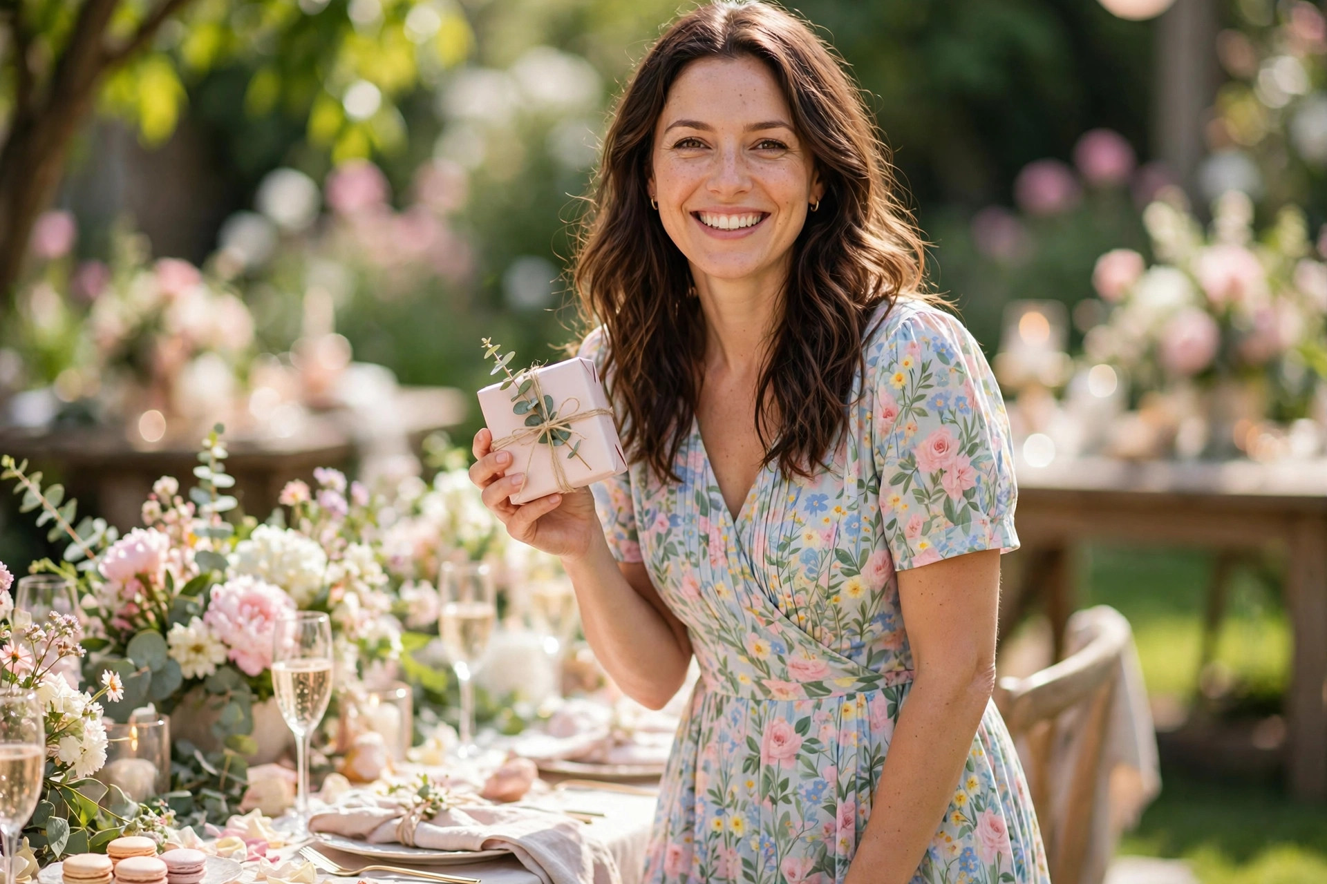 Adult woman in a pastel floral midi dress holding a small gift box at a daytime bridal shower garden party
