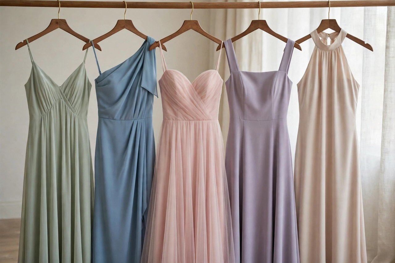 Row of bridesmaid dresses in coordinated soft colors with varied necklines hanging together