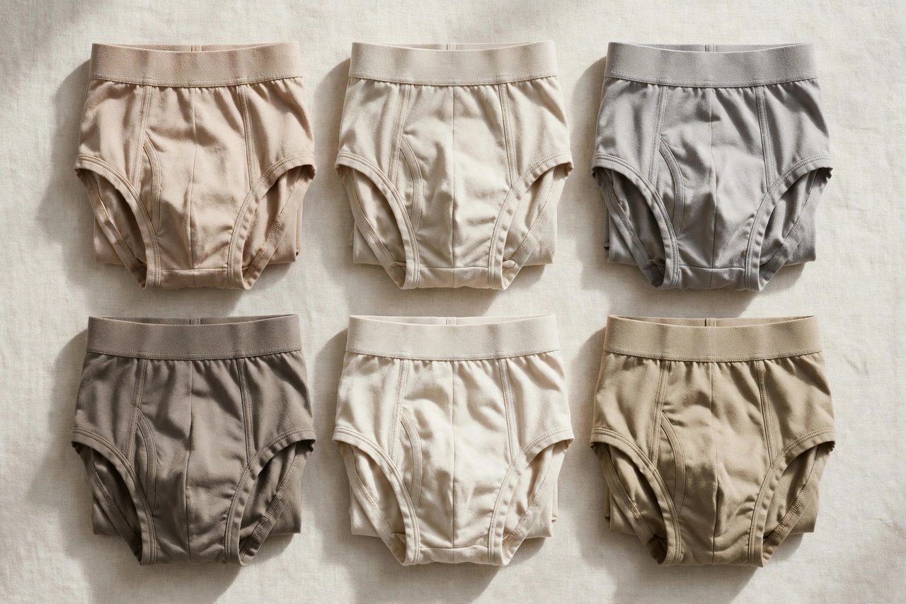 Neatly folded classic brief underwear in neutral colors as a retail flat lay