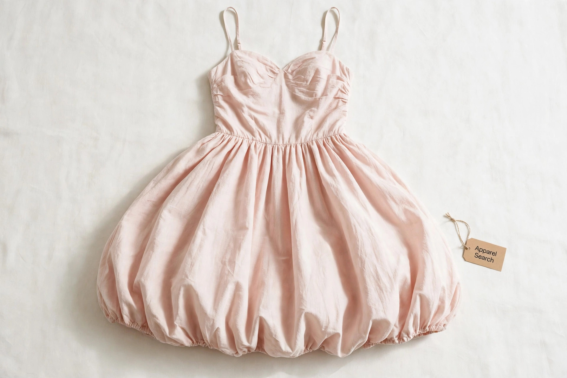 Women's bubble dress in soft blush fabric shown flat, the full skirt curving under into a gathered balloon hem, a small hang tag reading Apparel Search beside it, product photography with no people