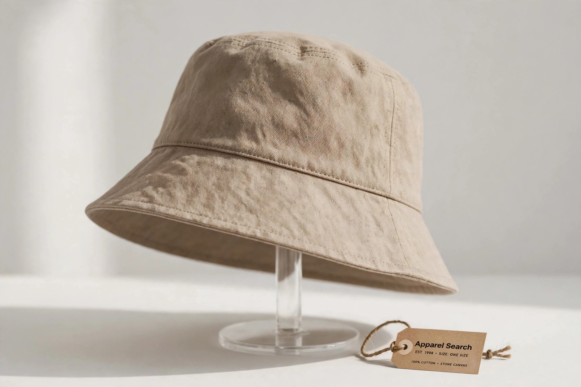 Women's bucket hat in stone-coloured cotton canvas with a soft downward brim on a plain display stand against a clean light background, product photography with no people