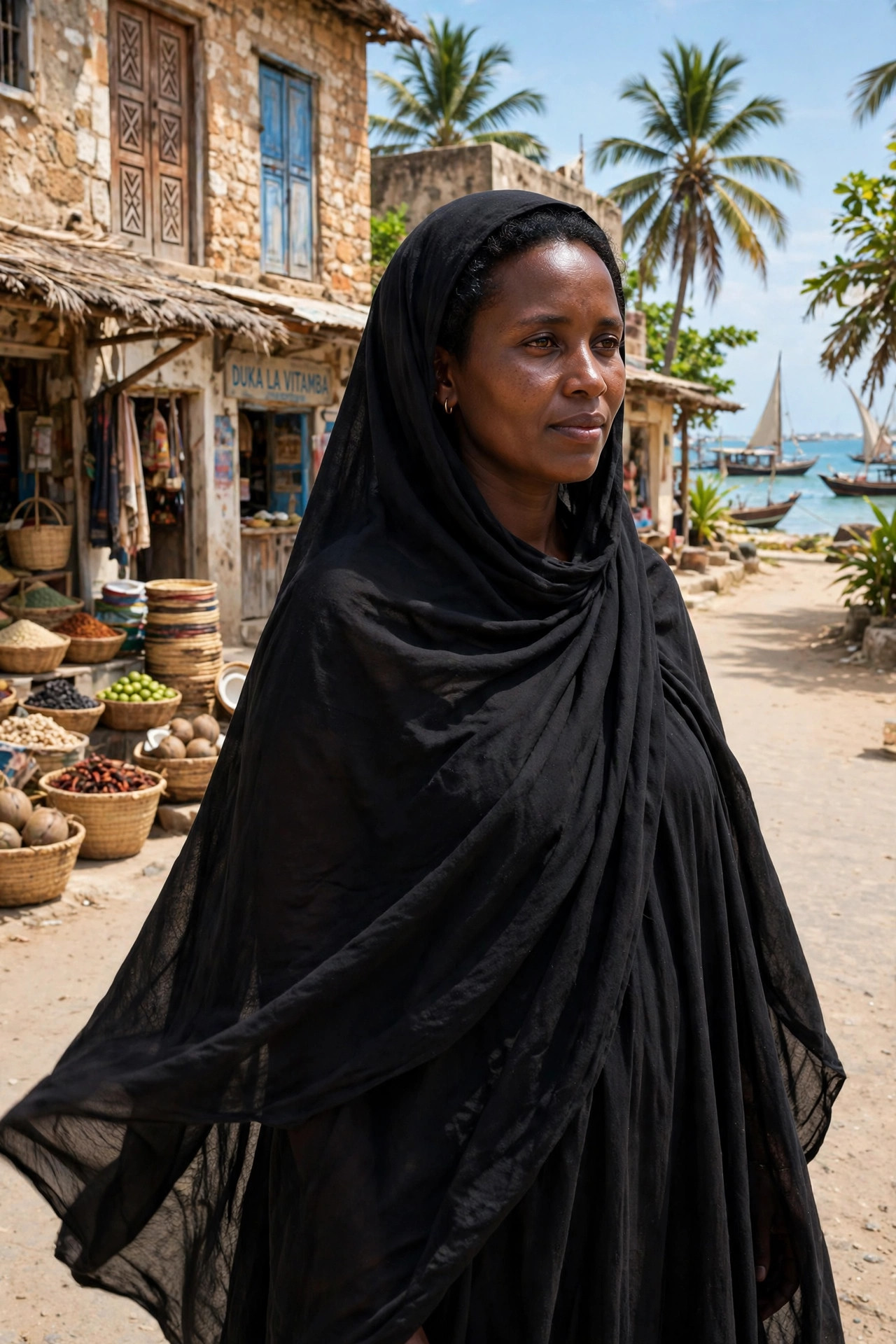 Woman wearing a buibui, a long black flowing East African covering garment with a loose modest silhouette, in coastal daylight