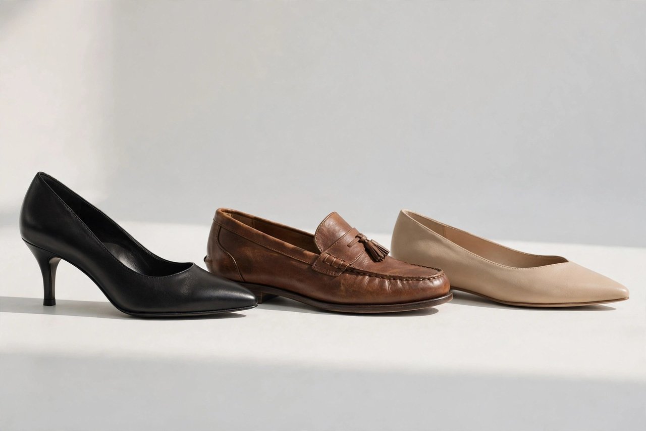 Row of women's business shoes including black pumps, leather loafers and pointed flats on a light studio background
