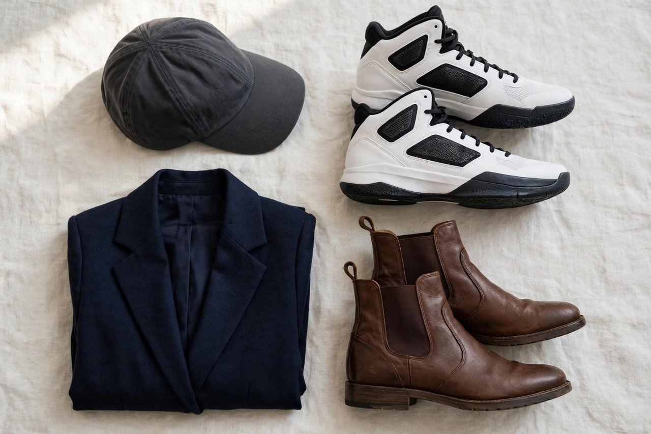 A collection of women's sport and work clothing including a baseball cap, basketball shoes, a blazer and leather boots