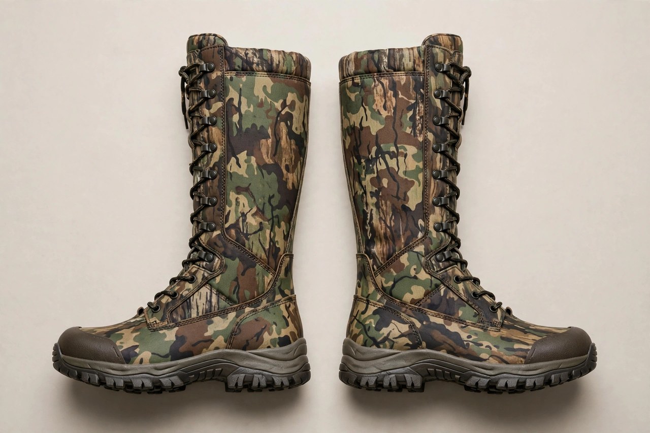 Pair of women's camo hunting boots with tall shafts and rugged tread soles on a neutral background