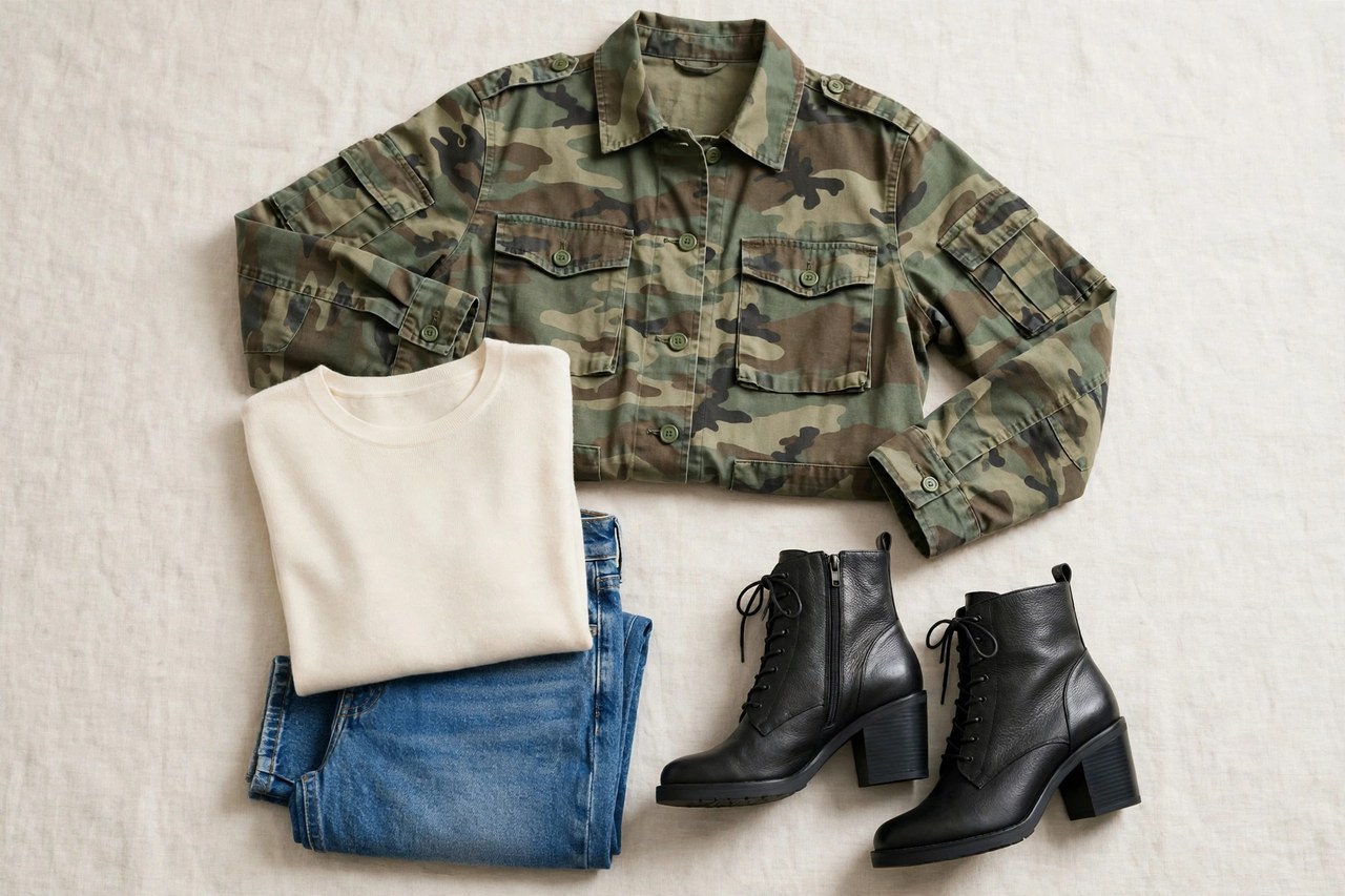 Flat lay of women's camo clothing outfit with a camo jacket, plain top, jeans and boots on a neutral background