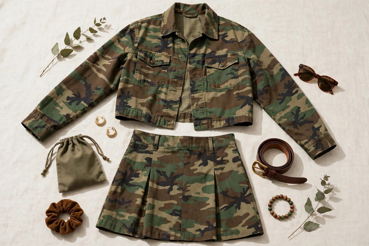 Flat lay of fashionable women's camo pieces with a camo jacket, skirt and accessories styled on a neutral background