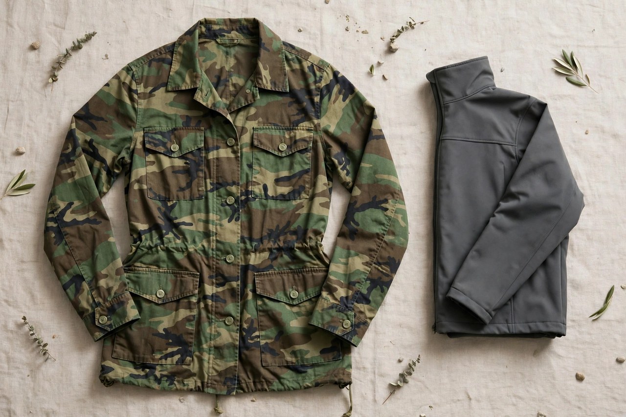 Women's camouflage field jacket in green woodland camouflage laid flat with a folded softshell jacket beside it