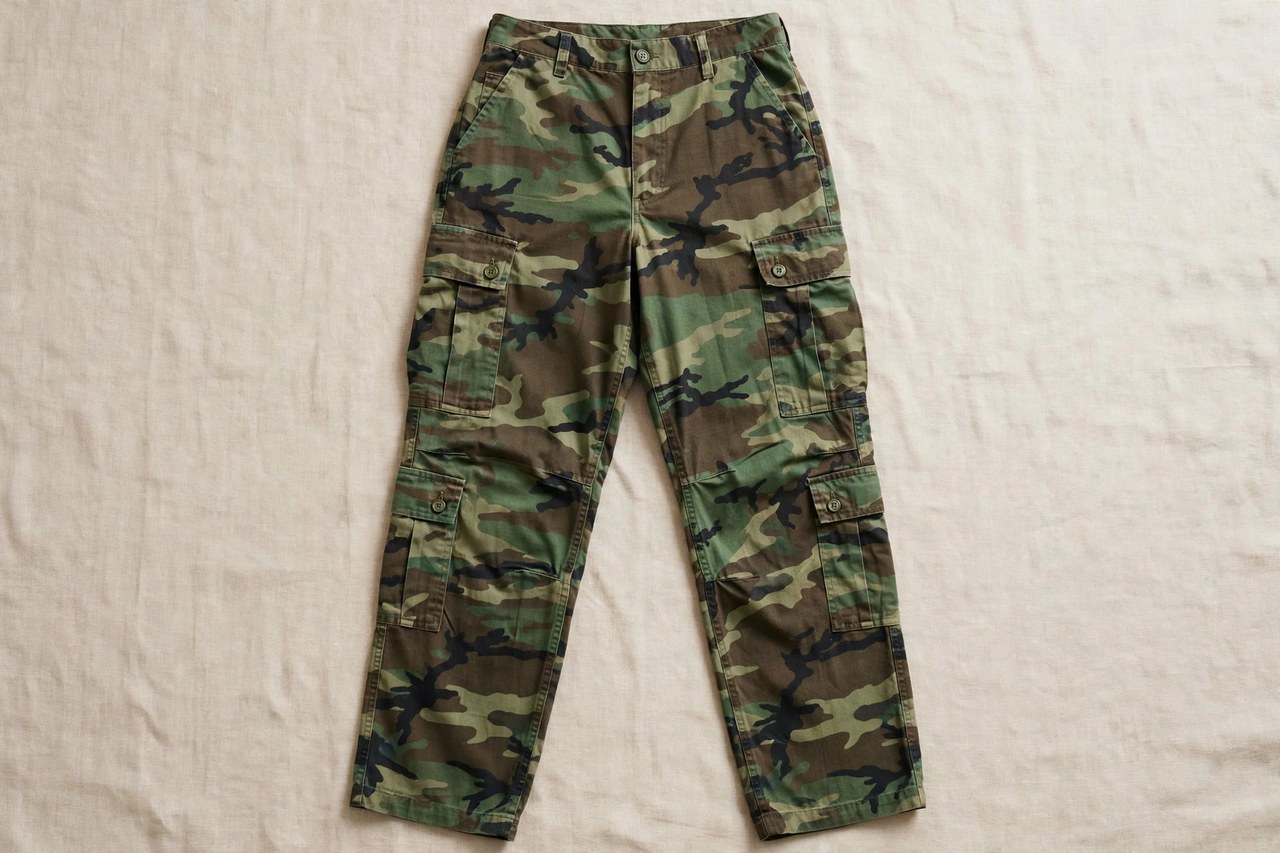 Women's camouflage cargo pants in green woodland camouflage laid flat showing the bellows cargo pockets