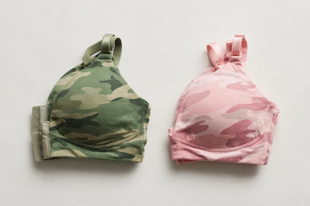 Folded women's bras in green and pink camouflage prints arranged in a neat flat lay