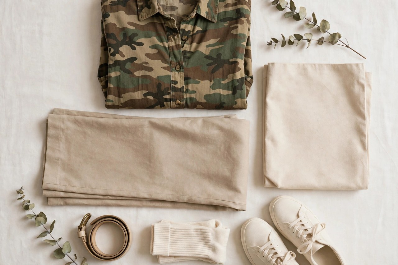 Women's camouflage-patterned top styled in a flat lay with solid neutral clothing pieces