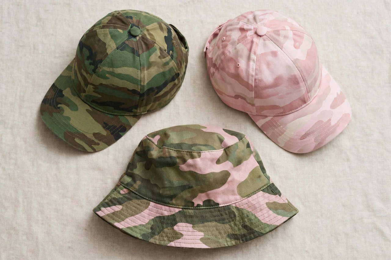 Women's camouflage print baseball caps and bucket hat in woodland and soft pink camo laid flat showing the all-over pattern