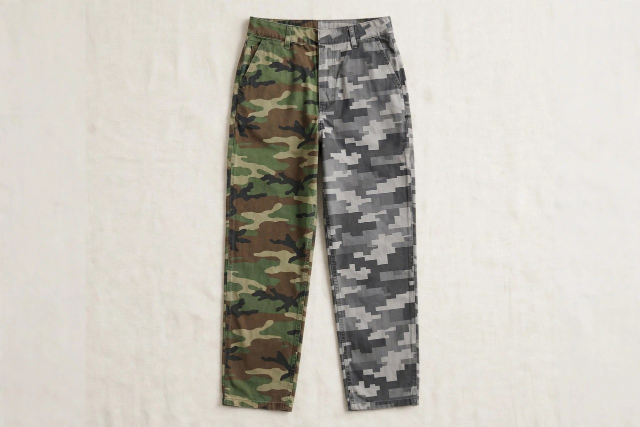 Women's camouflage print pants laid flat showing the pattern scale and placement down both legs in green and grey camo