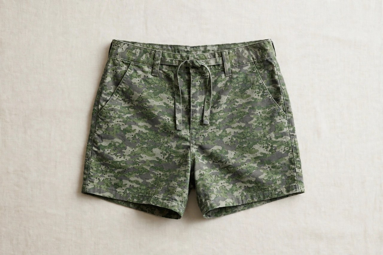 Women's camouflage print shorts laid flat showing pattern scale on a small garment in green woodland and grey camo