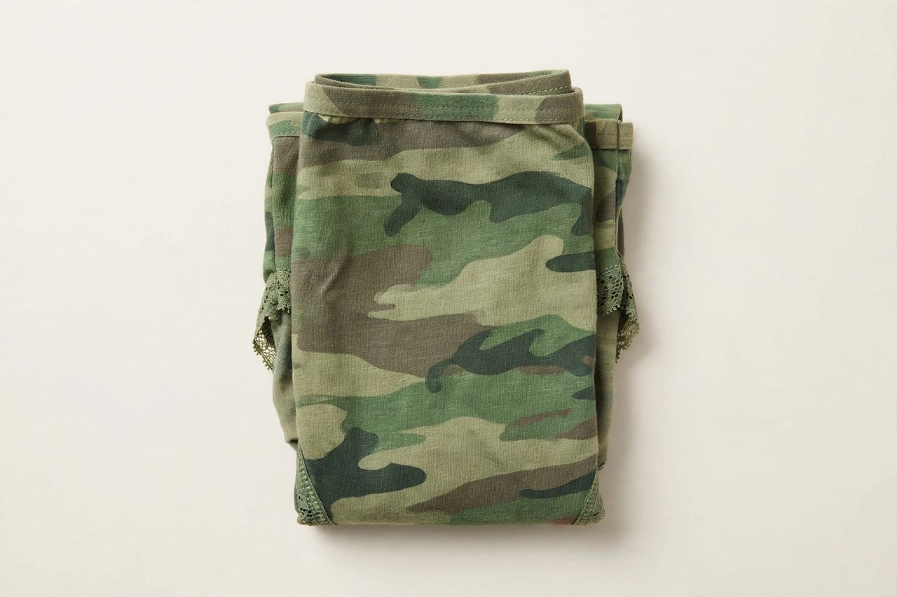 Folded women's camouflage print underwear in green camo shown in a neat flat lay with no people