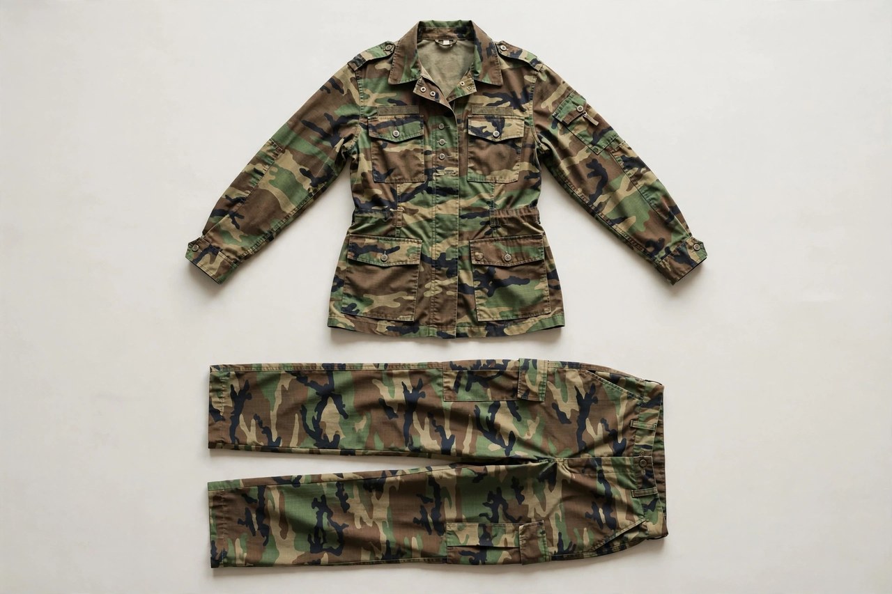 Women's camouflage uniform jacket and trousers in woodland pattern laid flat to show the official-style print