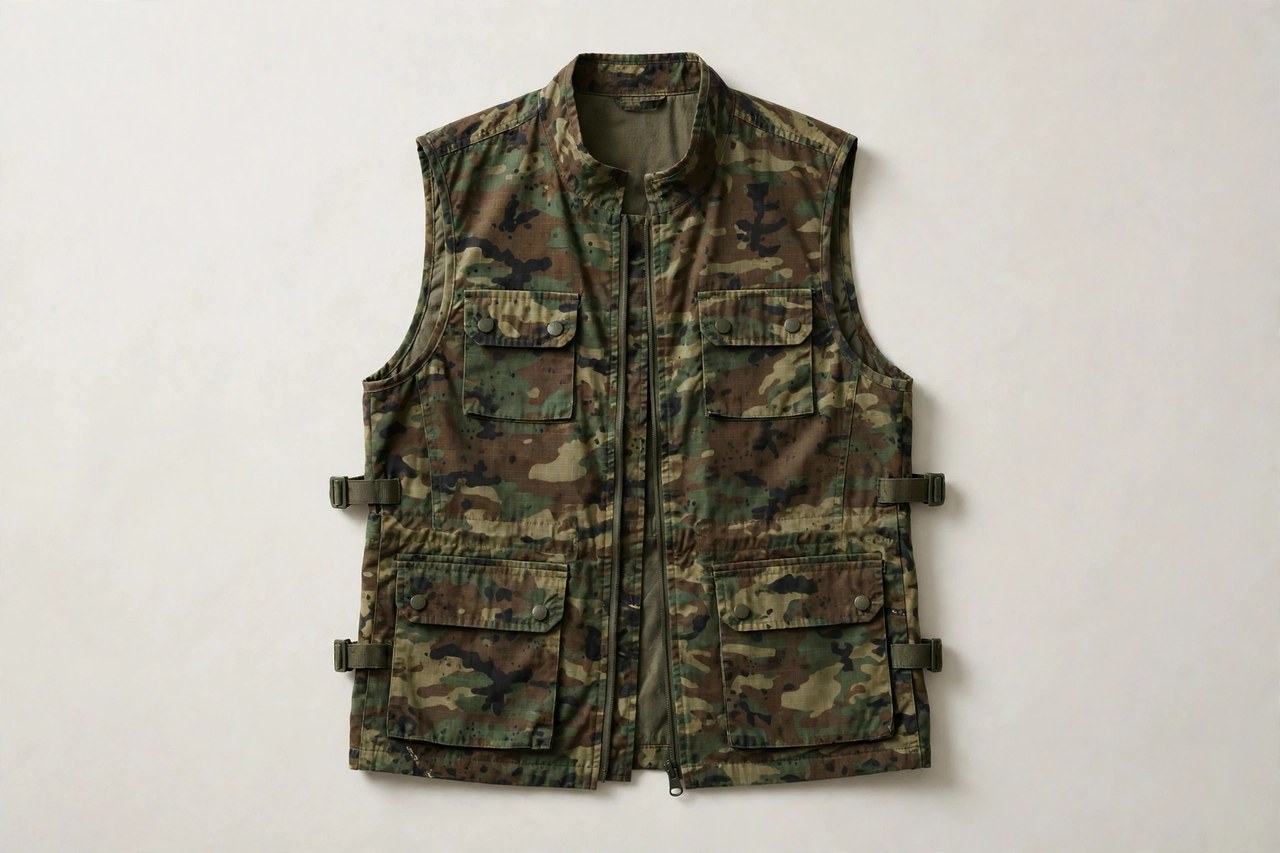 Women's camouflage print vest in woodland pattern laid flat over a plain background to show print placement