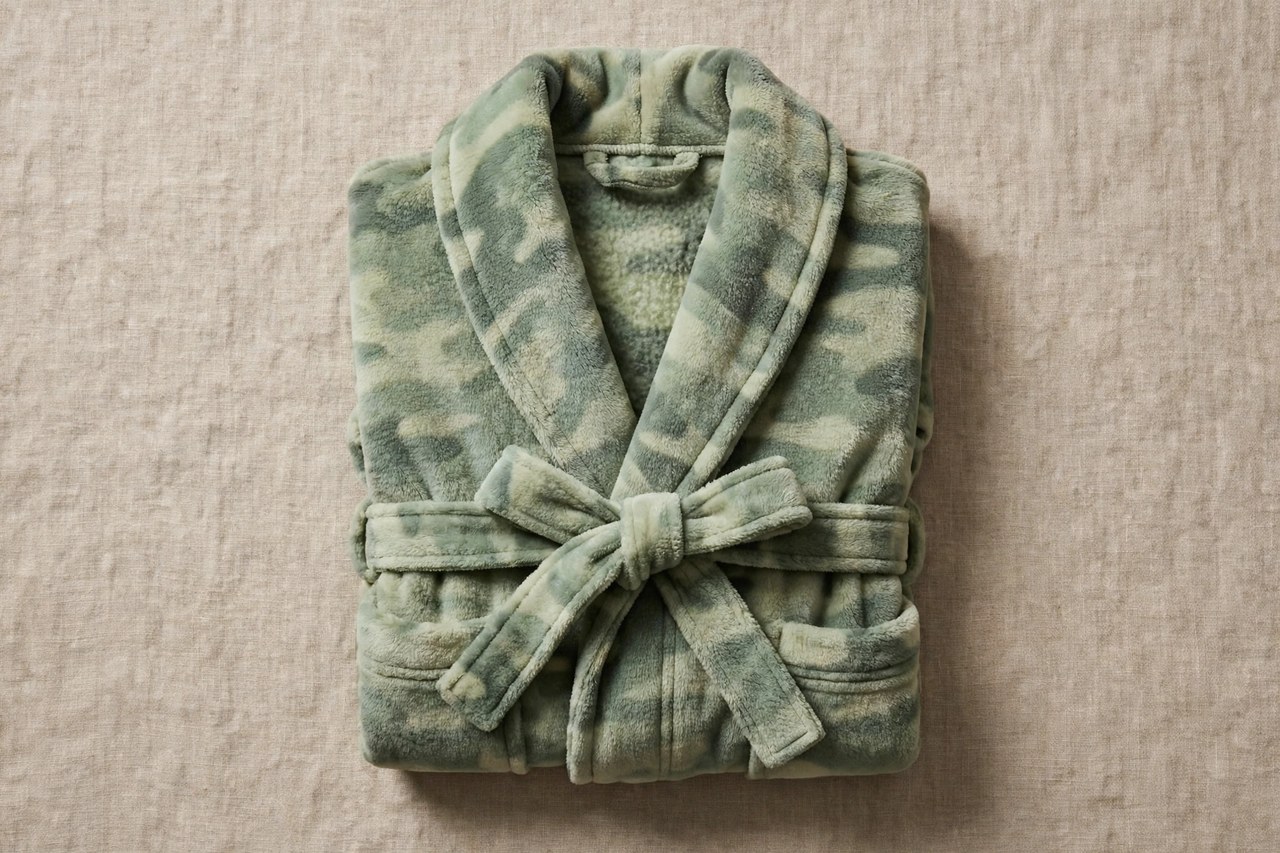 Women's camouflage fleece bath robe in soft green camouflage neatly folded flat with its tie belt