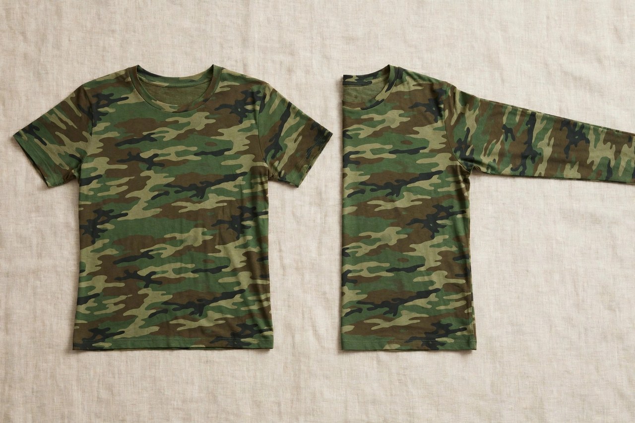 Women's camouflage shirts in green woodland camouflage laid flat: a short-sleeve tee and a long-sleeve shirt