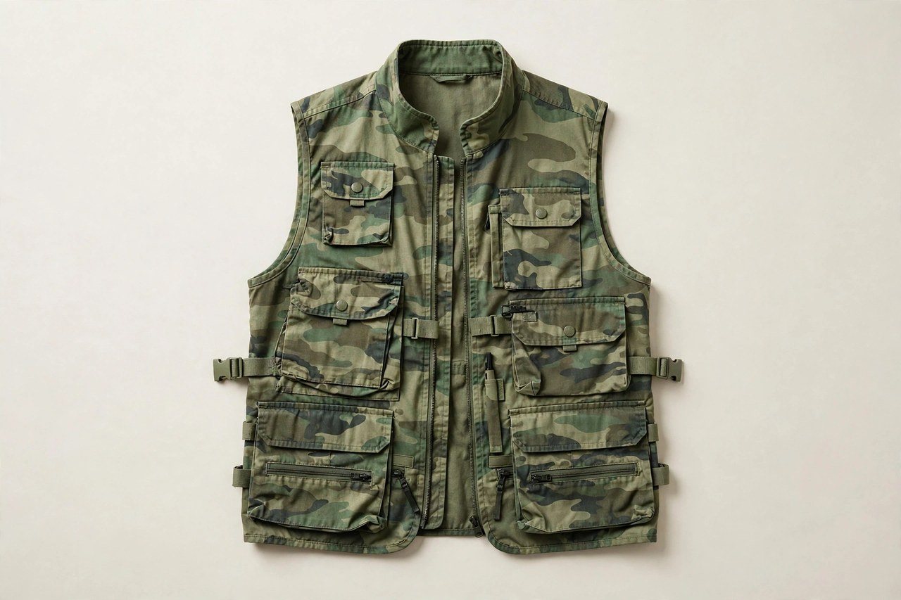 Women's camo utility vest with multiple pockets in green camouflage laid flat on a neutral background