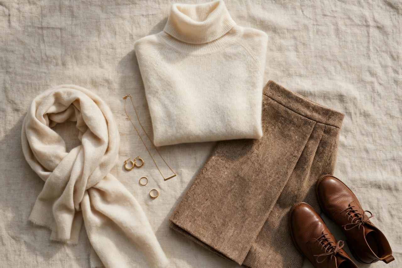 Styled flat lay of a cream cashmere turtleneck outfit with a wool skirt, ankle boots, cashmere scarf and gold jewelry