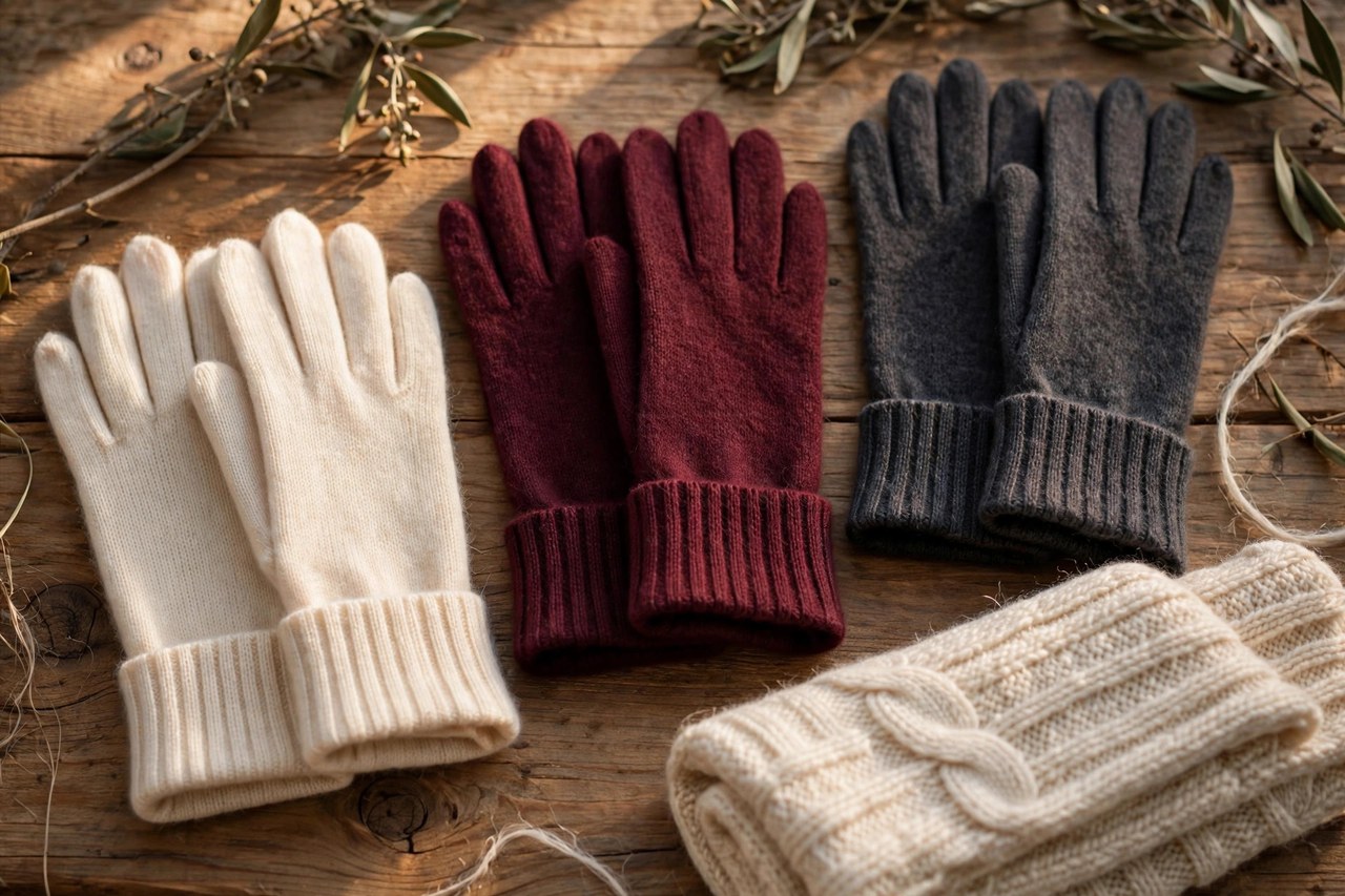 Three pairs of women's cashmere gloves in cream, burgundy and charcoal with ribbed cuffs on a wooden surface