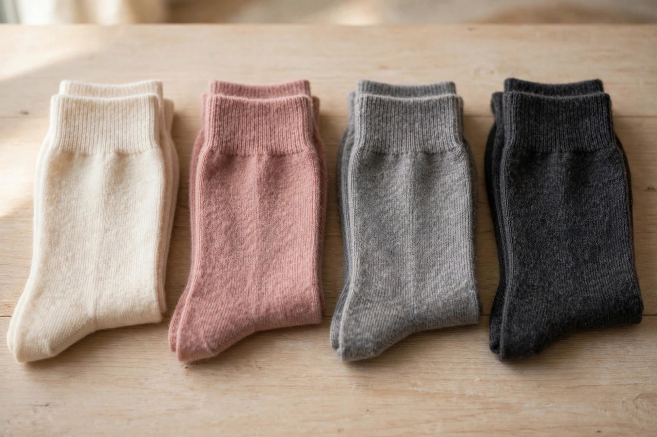 Pairs of women's cashmere socks in cream, dusty rose, grey and charcoal arranged on a wooden surface