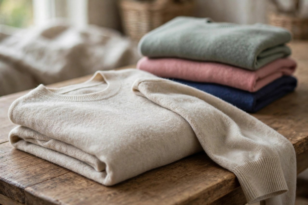 Classic women's oatmeal cashmere crew-neck sweater folded on a wooden table with a stack of sweaters behind it