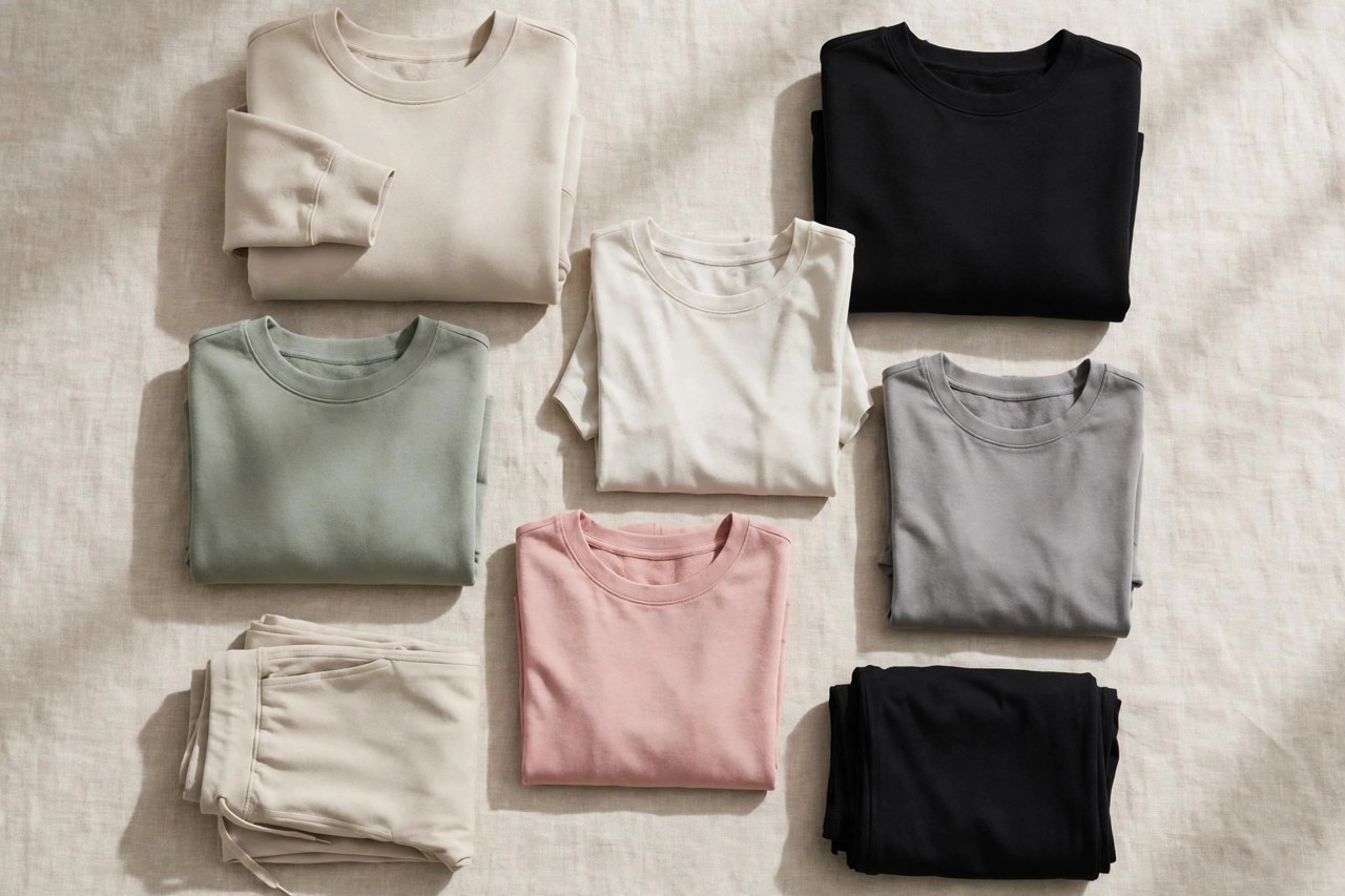 Neatly folded women's cotton athletic apparel including sweatshirts, tees and training pants in neutral tones on a clean background
