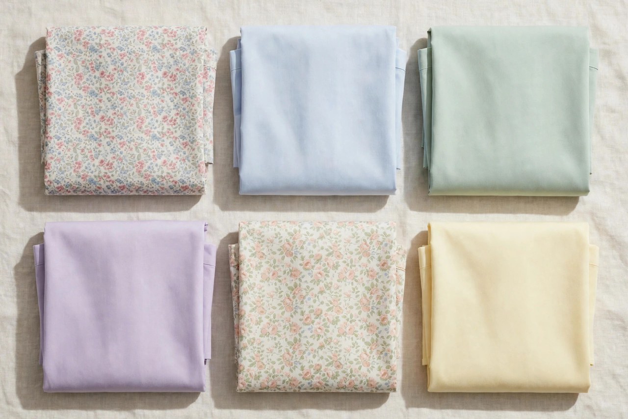 Folded women's cotton blouses in light woven fabrics with soft prints and solid colors