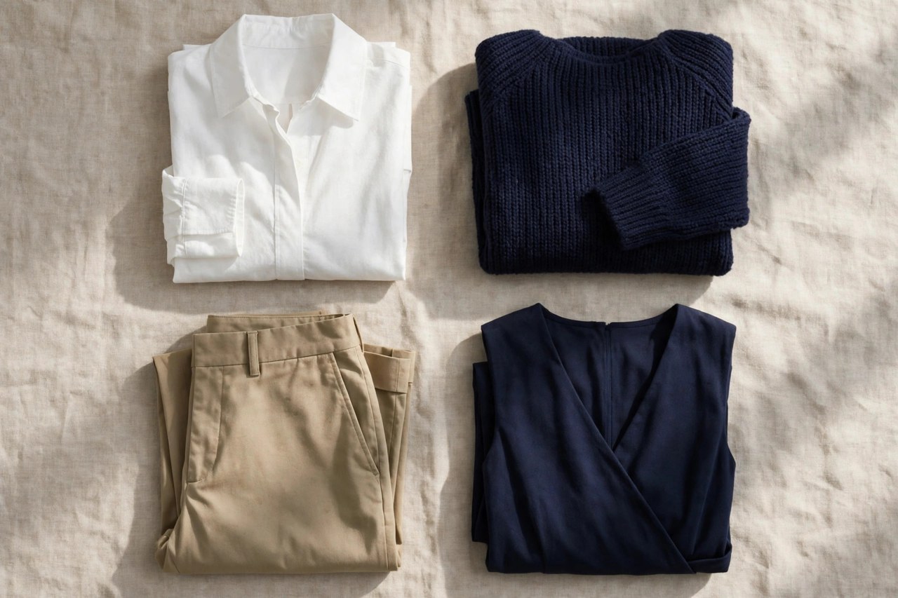 Neatly folded women's cotton clothes including shirts, pants, dresses and knitwear in coordinated neutral tones on a clean background