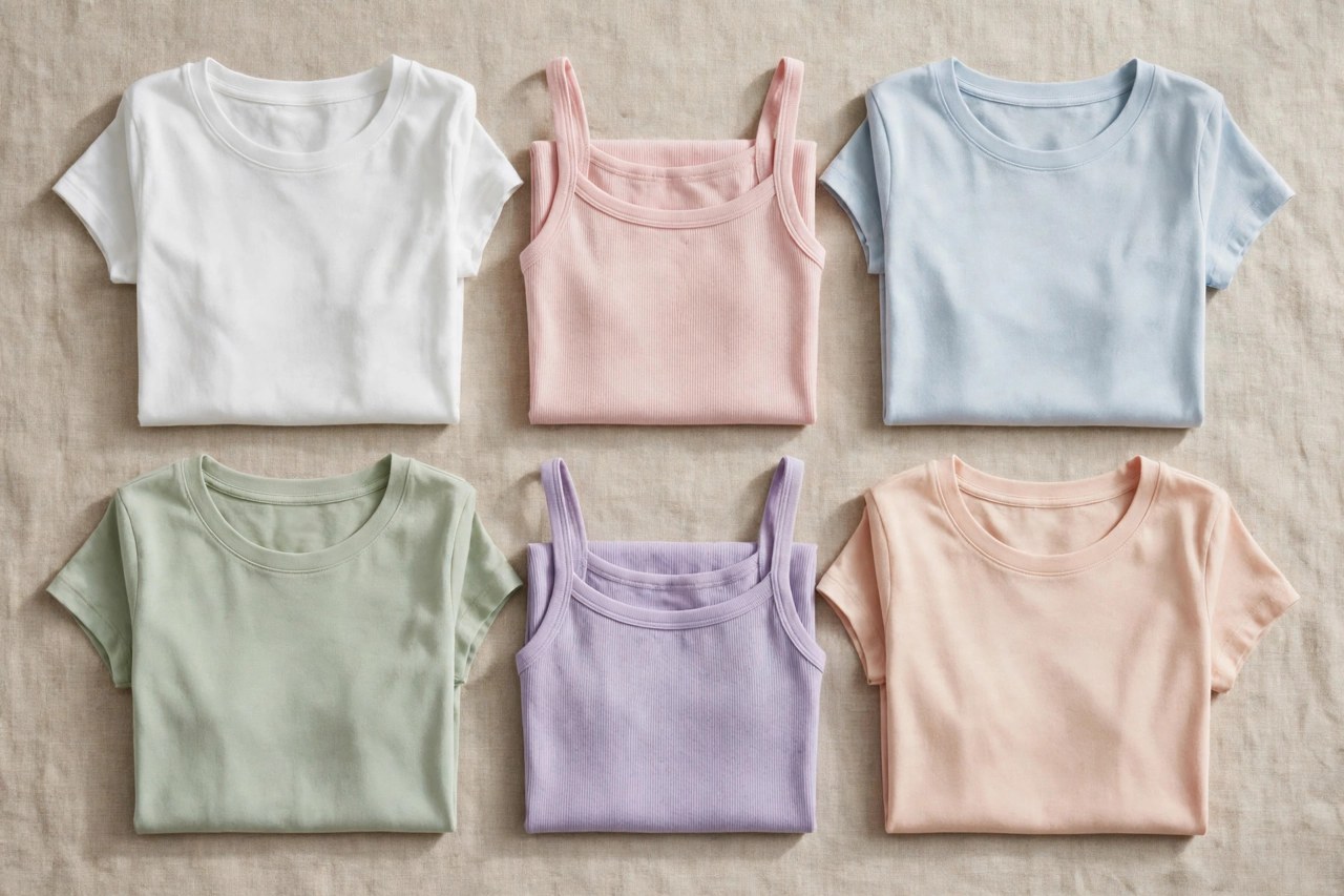 Flat lay of women's cotton t-shirts, tees and tank tops in white and soft colors neatly arranged on a neutral background