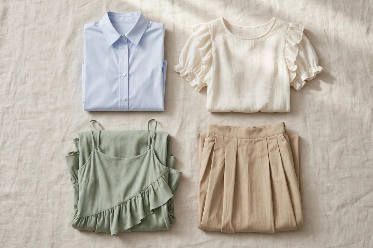 Flat lay of women's cotton shirts, a blouse, a cotton dress and a skirt in light woven fabrics on a neutral background